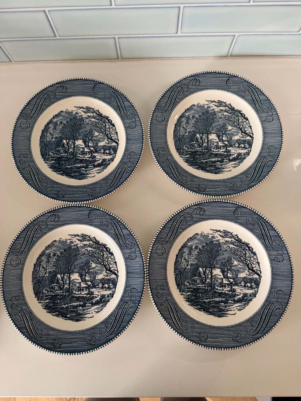 Currier & Ives Dinner Plates: Royal Ironstone Blue White Transferware, Set of 4